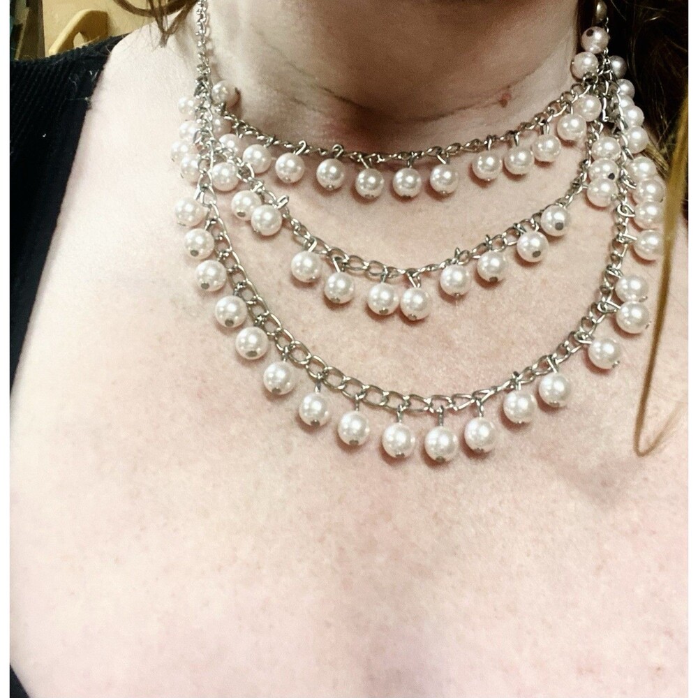 3 Tier Faux Pearl Dangle Bib Necklace Silver Tone Chain Y2K Statement Wedding
